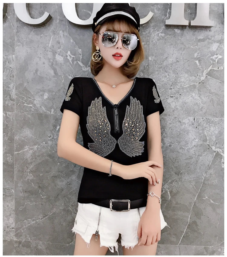 T-shirt For Summer Short Sleeve Pulovers Clothes Casual Aesthetic Cotton Tops Sexy V Neck Zipper Diamonds Tees