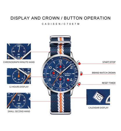 CADISEN New Men's Watches Top Luxury Quartz Watch For Men Canvas 0S10 Chronograph AR Mirror Waterproof Gift Men's Wristwatch