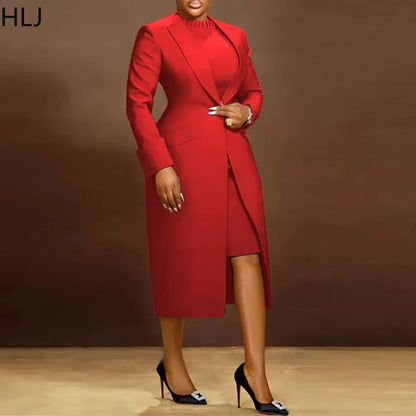 Elegant Office Lady Blazer Two Piece Sets Women Lapel Long Sleeve Coat And Slim Dress Outfit Female Clothing