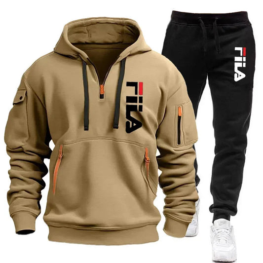 Autumn and Winter 2025 new men's hooded sweatshirt + pants two-piece set, outdoor multi-pocket men's pullover sportswear set
