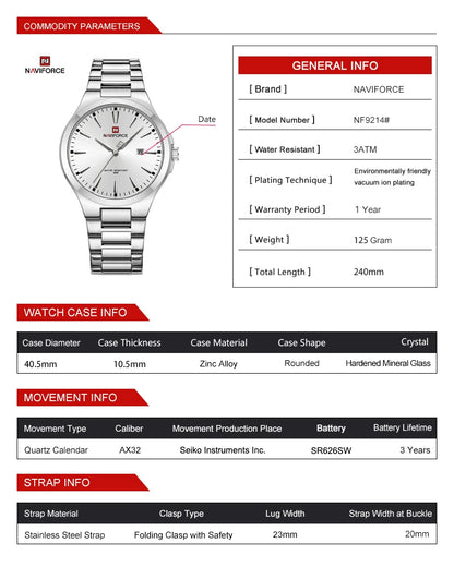 NAVIFORCE Original Design Fashion Men's Watches Stainless Steel Simple Calendar Male Waterproof Wristwatches Relogio Masculino