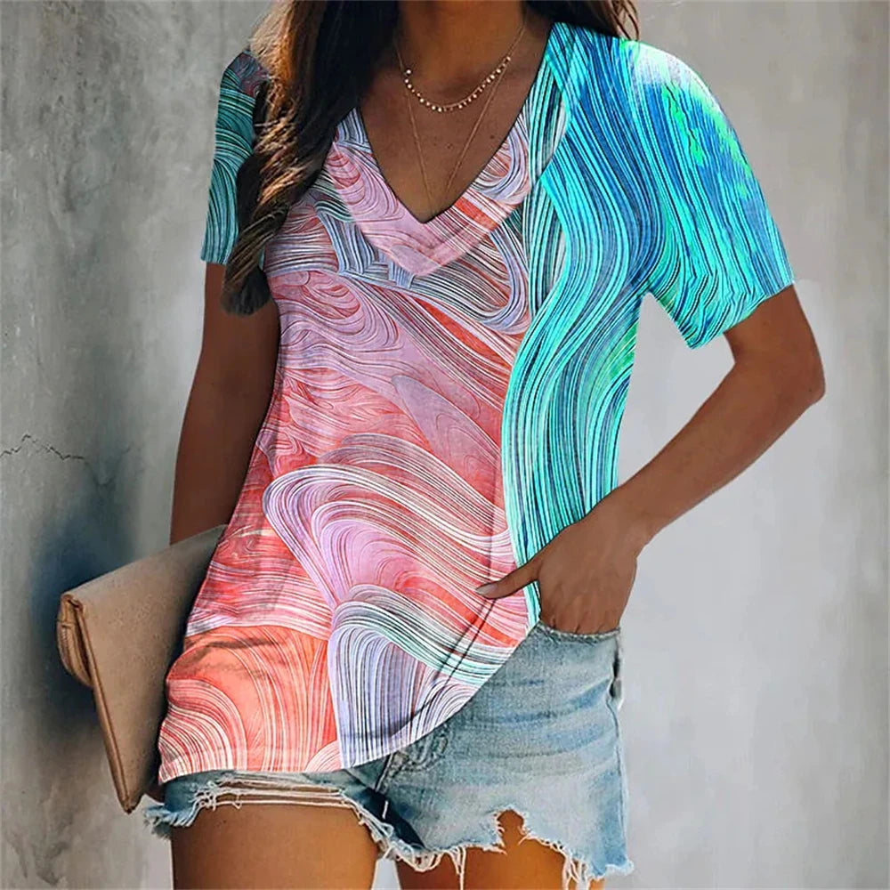 Colorful Tassels Print T-Shirt Fashion Women's Short Sleeve V-Neck T-Shirt Summer Casual Elegant Women's Large Size T-Shirt