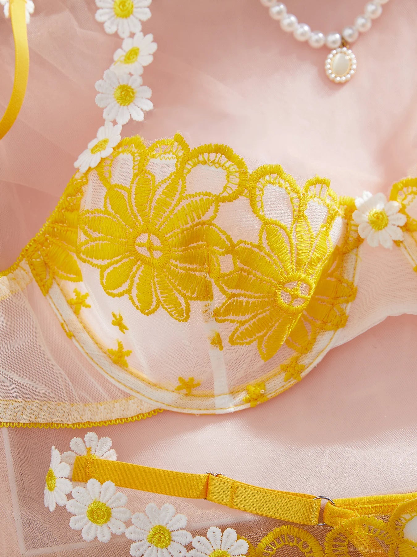 Lingerie beautiful yellow daisy summer semi transparent embroidered underwear, cute and sweet style, adjustable shou