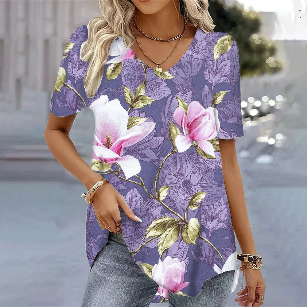 Butterfly Printed Short Sleeve T-shirt Korean Style Women's Clothes 2024 V-neck Short Sleeves Tees Shirt Loose Casual Blouses