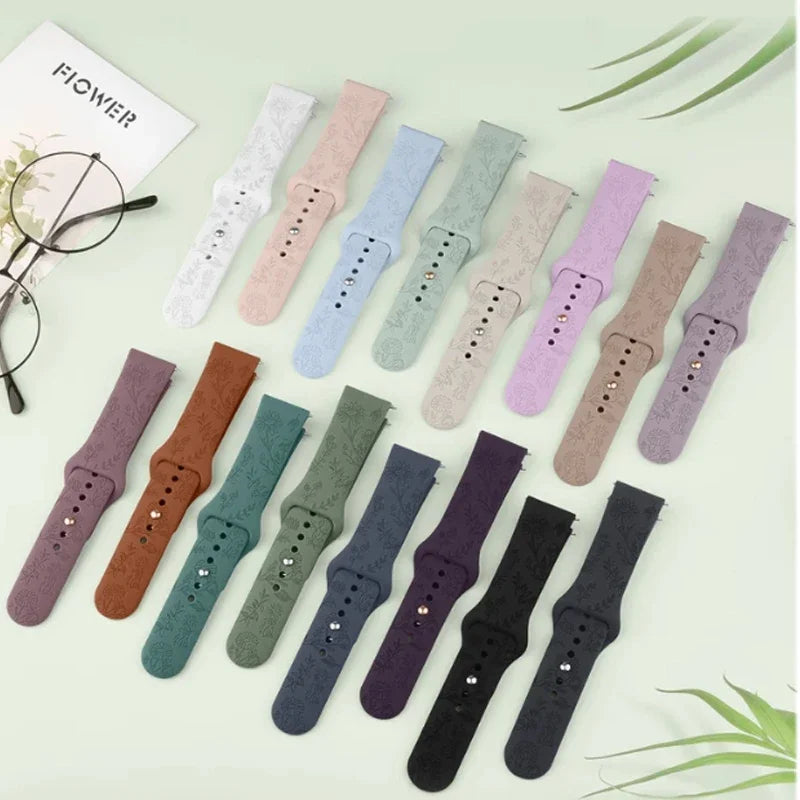 Floral Engraved Band for For Samsung Galaxy Watch 6/5/4/Active 2/5 Pro 45mm 40mm 44mm/Watch 6 4 Classic/Watch 3 41mm Strap