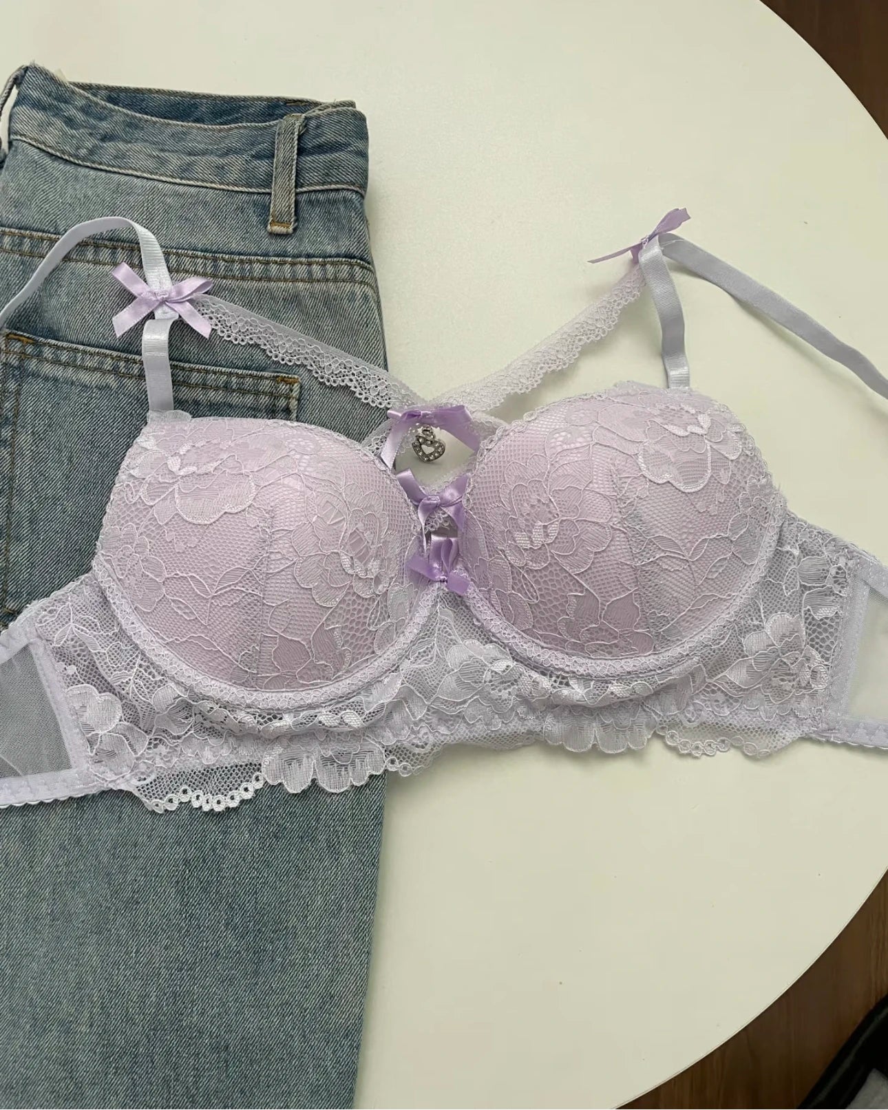 Lingerie Japanese Lace Bra Set, Heart Pendant Purple Lingerie Sexy & Pure Small Chest Push Up Bralette, Fashion Outerwear Design Enhancer