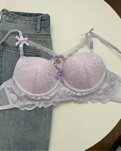 Lingerie Japanese Lace Bra Set, Heart Pendant Purple Lingerie Sexy & Pure Small Chest Push Up Bralette, Fashion Outerwear Design Enhancer