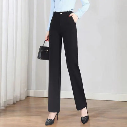 Office Lady Fashion Solid Loose Straight Pants All-match Button Zipper Women Spring Autumn High Waist Pockets Pencil Trousers