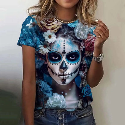 T-shirt for Girls Summer Short Sleeve Casual Sexy Girls Clothes Horror Undead Skull Pattern oversized T-shirts