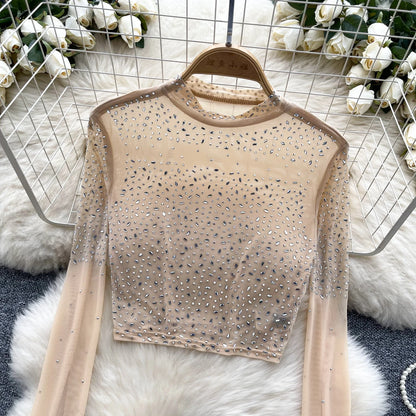 Thin See-tough Long Sve Me T-shirt ort Heavy-du Rhinestone Base irt Korean Sle Creative Pattern