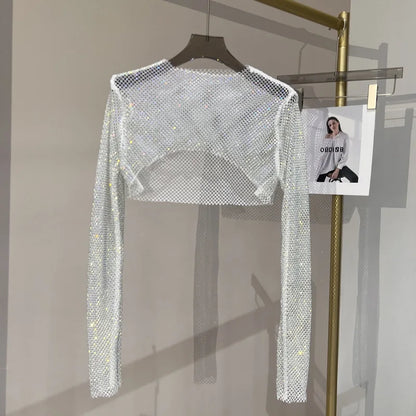 Bright diamond short top Slim thin Ms. hot drill long-sleeved T-shirt sexy leak waist nightclub