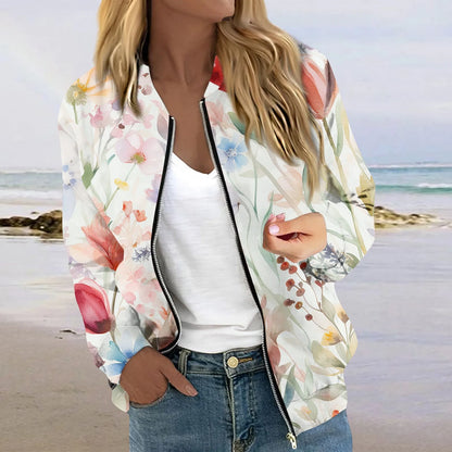 Women Elegant Zipper Bomber Jackets Spring Autumn Floral Printed Jackets Casual Coat Retro Outwear  Round Neck Zipper Jackets