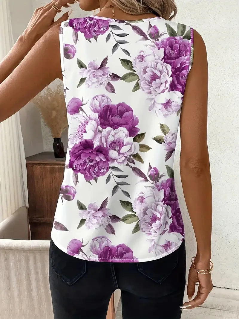 V-neck Vest New Fashion Plant Printed Sleeveless Top Pullover Simple Basic T-shirt