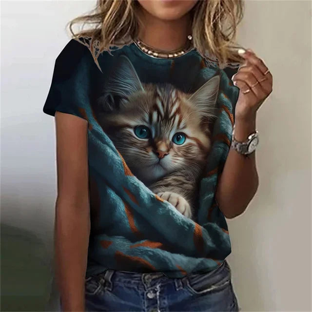 T-shirt 3D Printed Kawaii Cat Pattern Short Sleeved Round neck Top Summer Outdoor Casual Street Simple Clothing