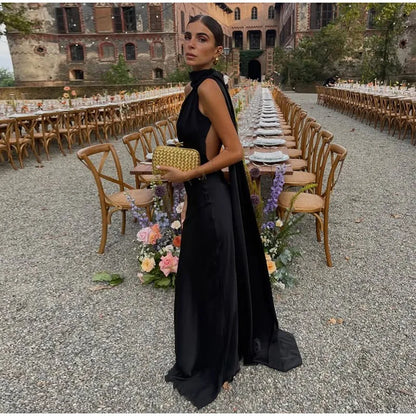 Elegant Ribbon Halter Dress Women Solid Off Shoulder Sleeveless Backless Slim Maxi Dresses 2025 Summer Autumn Party Robes Lady