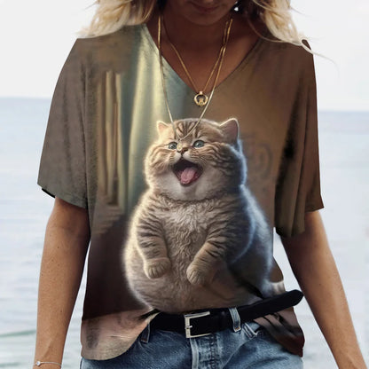 T-shirt Cat Print Short Sleeve Clothes Female Harajuku Tees Ladies T Shirt Oversized Tops Animal Women Clothing