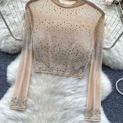 Thin See-tough Long Sve Me T-shirt ort Heavy-du Rhinestone Base irt Korean Sle Creative Pattern