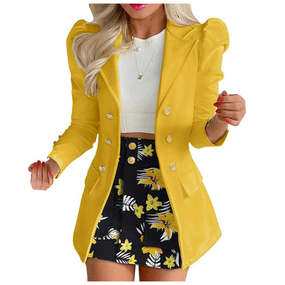 Long Sleeve Two Breasted Skirt Set Solid Color Jacket And Floral Skirt Two Piece Outfit Business Casual Elegant Sets