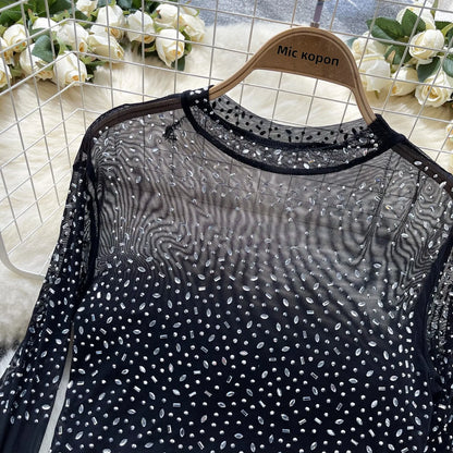 Thin See-tough Long Sve Me T-shirt ort Heavy-du Rhinestone Base irt Korean Sle Creative Pattern