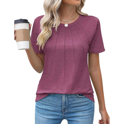 Womens Casual Crew Neck Short Sleeve Pleated Tops Blouses Fashion Clothes