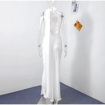 Elegant Ribbon Halter Dress Women Solid Off Shoulder Sleeveless Backless Slim Maxi Dresses 2025 Summer Autumn Party Robes Lady