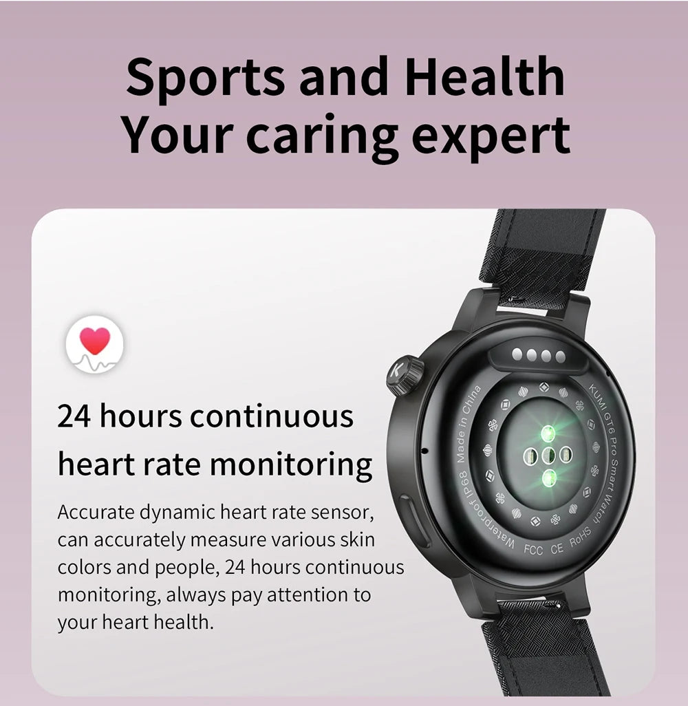 KUMI GT6 Pro 1.3" 360*360 AMOLED Smart watch 100+Sport Modes IP68 waterproof Bluetooth call Sleep Healthy Monitor for iOSAndroid