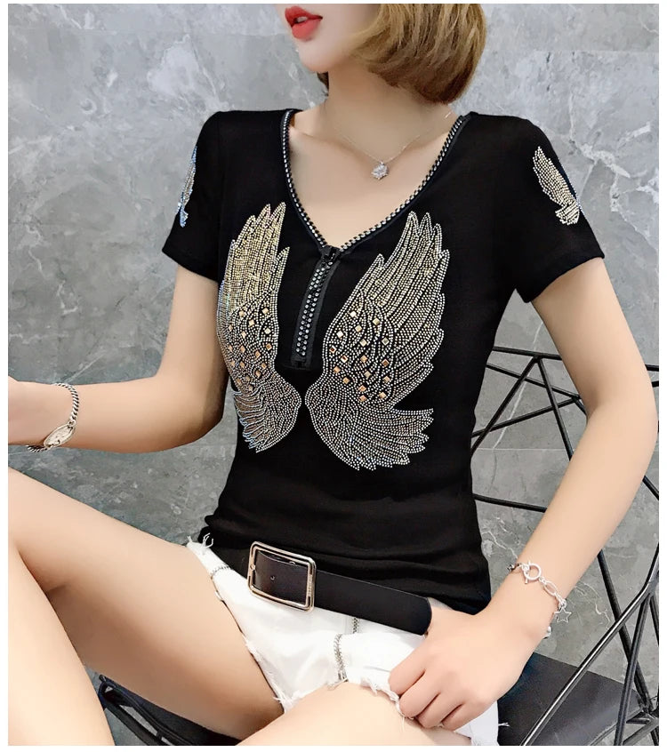 T-shirt For Summer Short Sleeve Pulovers Clothes Casual Aesthetic Cotton Tops Sexy V Neck Zipper Diamonds Tees