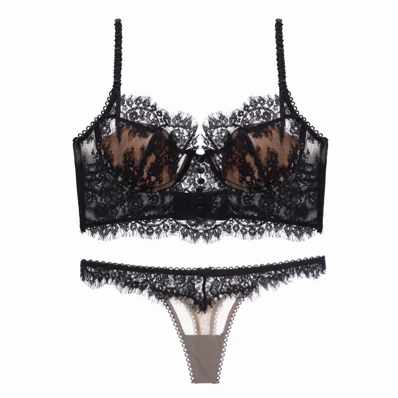 Women's Bra Panty Set Sexy Adult Lingerie Transparent Underwear Ultra-thin Lace Bra Anti-sagging Bra Summer French Pure Desire