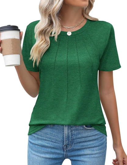 Womens Casual Crew Neck Short Sleeve Pleated Tops Blouses Fashion Clothes