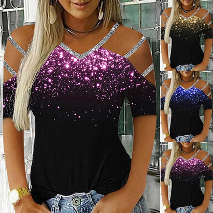 Women Glitter Short Sleeve V Neck T Shirt Ladies Casual Cold Shoulder Blouse Tops Clothing