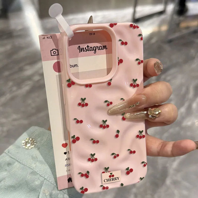 Cute Cherry Folds Texture Phone Case For iPhone 17 16 15 14 13 12 11 Pro Max 16 15 Plus Candy Color Shockproof Soft Back Cover