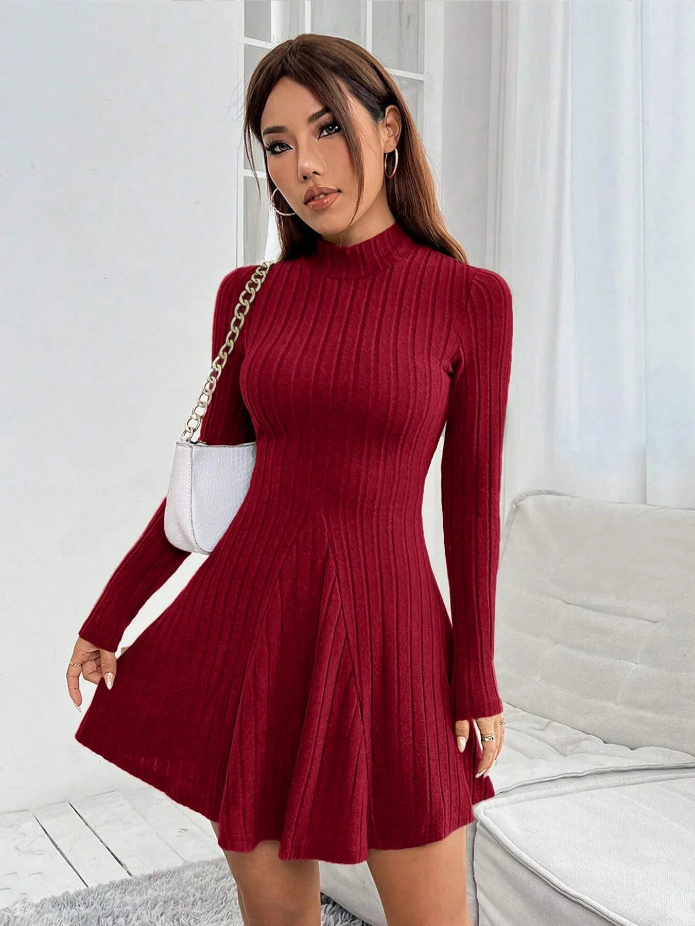 Women's slim fit half high collar waist cinched A-line skirt long sleeved pit stripe dress