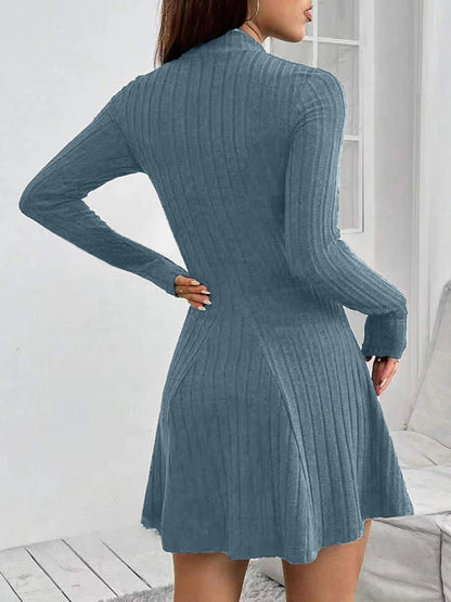 Women's slim fit half high collar waist cinched A-line skirt long sleeved pit stripe dress