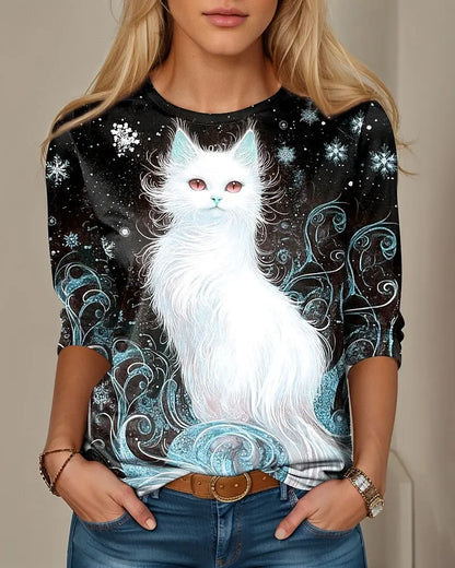 T-shirt Casual Long Sleeve Tops Animal Cat Graphic Tees Shirt Blouse O-neck Fall Winter Streetwear Style Y2K Pullover