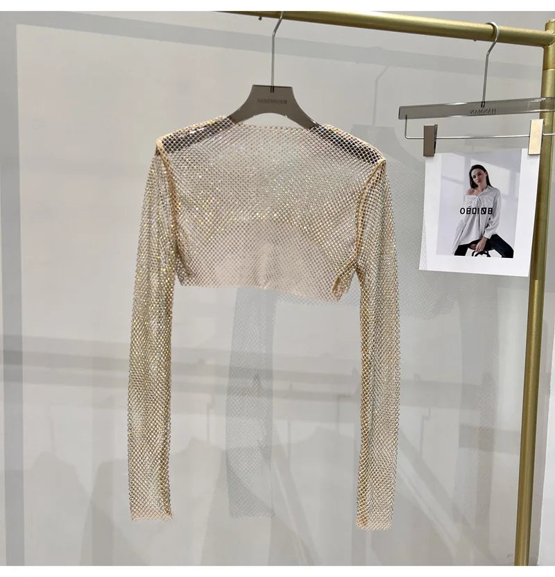 Bright diamond short top Slim thin Ms. hot drill long-sleeved T-shirt sexy leak waist nightclub