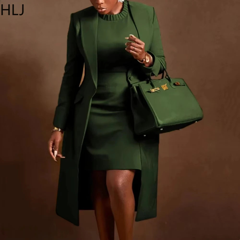 Elegant Office Lady Blazer Two Piece Sets Women Lapel Long Sleeve Coat And Slim Dress Outfit Female Clothing