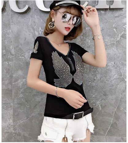 T-shirt For Summer Short Sleeve Pulovers Clothes Casual Aesthetic Cotton Tops Sexy V Neck Zipper Diamonds Tees