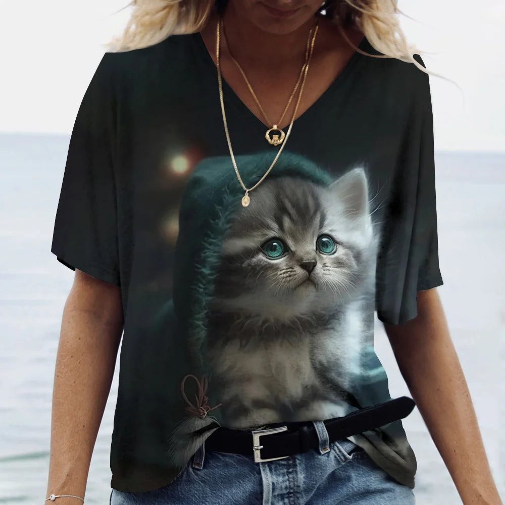 T-shirt Kawaii Cat Print 3D T Shirt Top Girls Y2k Clothing Summer Short Sleeve Tees V-neck Casual Holiday Female T-shirt