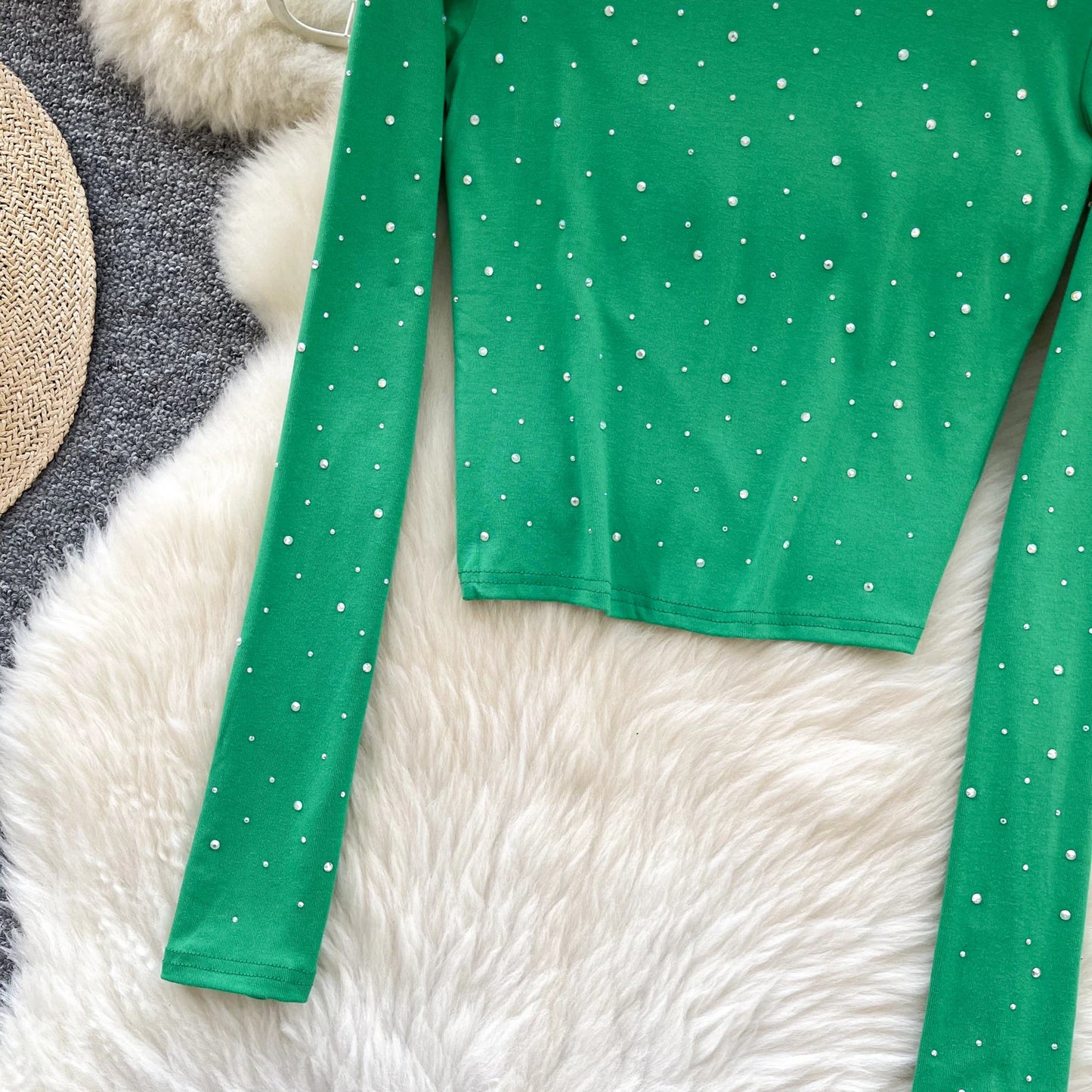 Long Sleeves Hotsweet O-neck Fashion Rhinestone Slim Top French Streetwear Sexy High Street Autumn Winter Women T-Shirts