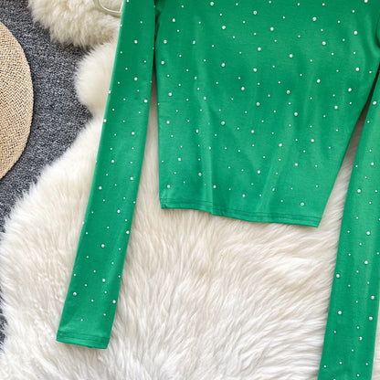 Long Sleeves Hotsweet O-neck Fashion Rhinestone Slim Top French Streetwear Sexy High Street Autumn Winter Women T-Shirts