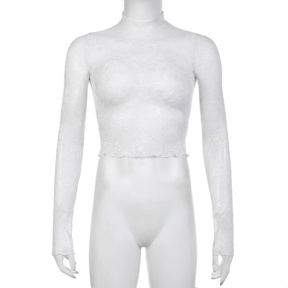 Lace Blouse Shirts Summer Women Turtleneck Long Sleeve See Through Lace Patchwork Thin Tops