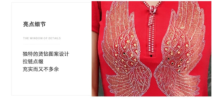 T-shirt For Summer Short Sleeve Pulovers Clothes Casual Aesthetic Cotton Tops Sexy V Neck Zipper Diamonds Tees