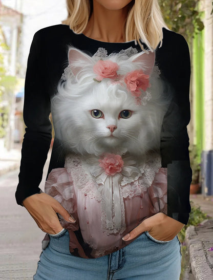 Long Sleeve 3D Printed Kitten Cute Print T-Shirt Women's Streetwear Round Neck Long Sleeve