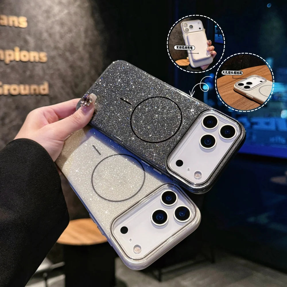 Luxury Glitter Bling Ultra Thin Phone Case For iPhone 17 16 15 14 Plus 17 Pro Max Magsafe Wireless Charge Shockproof Hard Cover