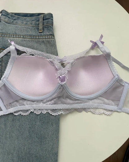 Lingerie Japanese Lace Bra Set, Heart Pendant Purple Lingerie Sexy & Pure Small Chest Push Up Bralette, Fashion Outerwear Design Enhancer