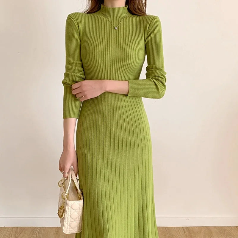 Slim Long Sleeve Party Midi Dress for Women Knitted Half High Collar Elegant Knitted Sweater Dresses Ladies
