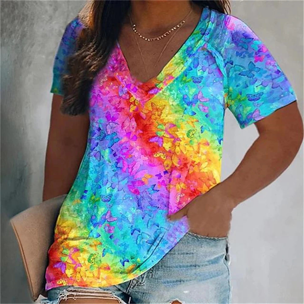 Colorful Tassels Print T-Shirt Fashion Women's Short Sleeve V-Neck T-Shirt Summer Casual Elegant Women's Large Size T-Shirt