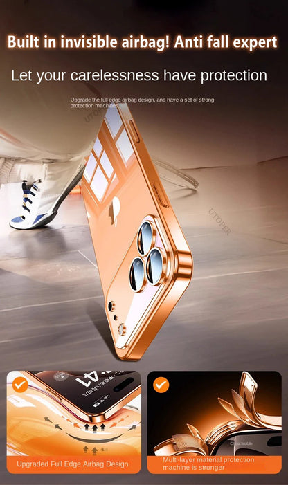 Plating Transparent with Lens Film Case for iPhone 17 Air 17 16 15 14 13 12 11 Pro Max Plus Anti-fall Damping Cover