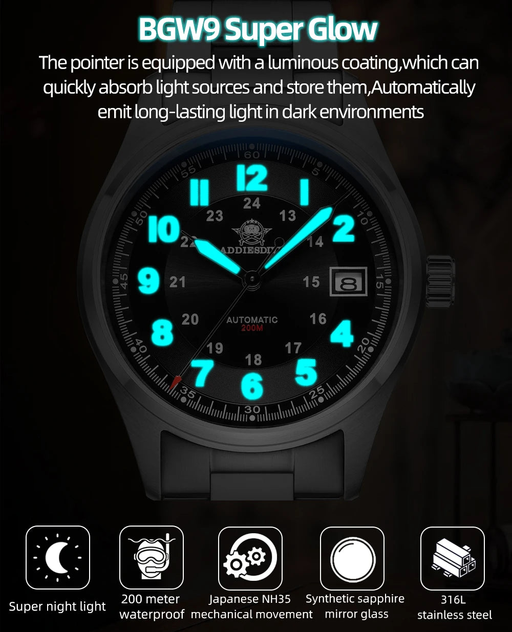 ADDIESDIVE Luxurious Men's Automatic Watch NH35A Mechanical Watch Sapphire Glass 200m Waterproof Analog Luminous Watches AD2048