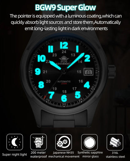 ADDIESDIVE Luxurious Men's Automatic Watch NH35A Mechanical Watch Sapphire Glass 200m Waterproof Analog Luminous Watches AD2048